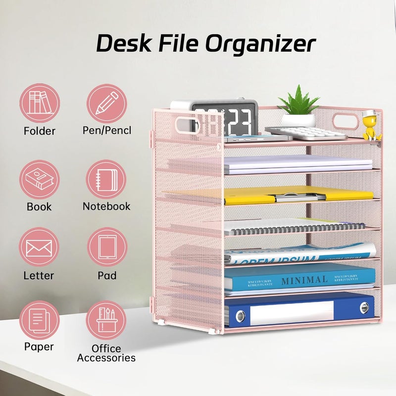 ReePlan 7 Tier Paper Organizer - Mesh Desktop File Holder with Handles for Office School Desk, Black (Pink) - Image 3